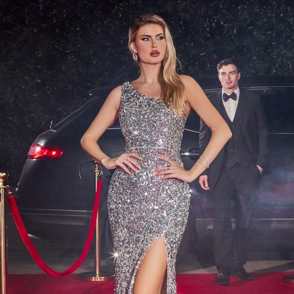 NEW ONE SHOULDER SLEEVELESS EMBROIDERED SEQUIN DRESS WITH ZIPPER BACK CD CH118 - Picture 1 of 10